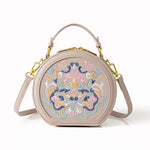 Literary National Style Round Crossbody Shoulder Bag for Women – Embroidered PU Leather, Small & Stylish