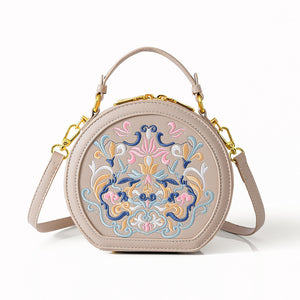 Literary National Style Round Crossbody Shoulder Bag for Women – Embroidered PU Leather, Small & Stylish