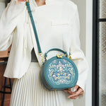 Literary National Style Round Crossbody Shoulder Bag for Women – Embroidered PU Leather, Small & Stylish