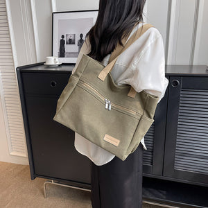 Women’s Canvas Shoulder Tote Bag – Large Casual Handbag with Contrast Stitching, Daily Travel and Work Bag