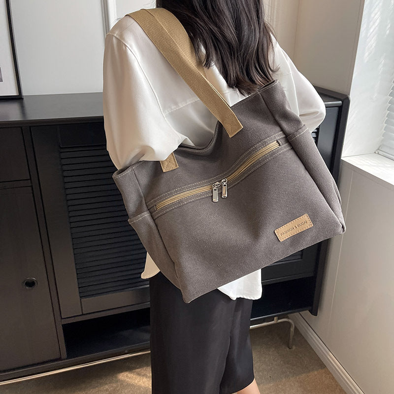 Women’s Canvas Shoulder Tote Bag – Large Casual Handbag with Contrast Stitching, Daily Travel and Work Bag