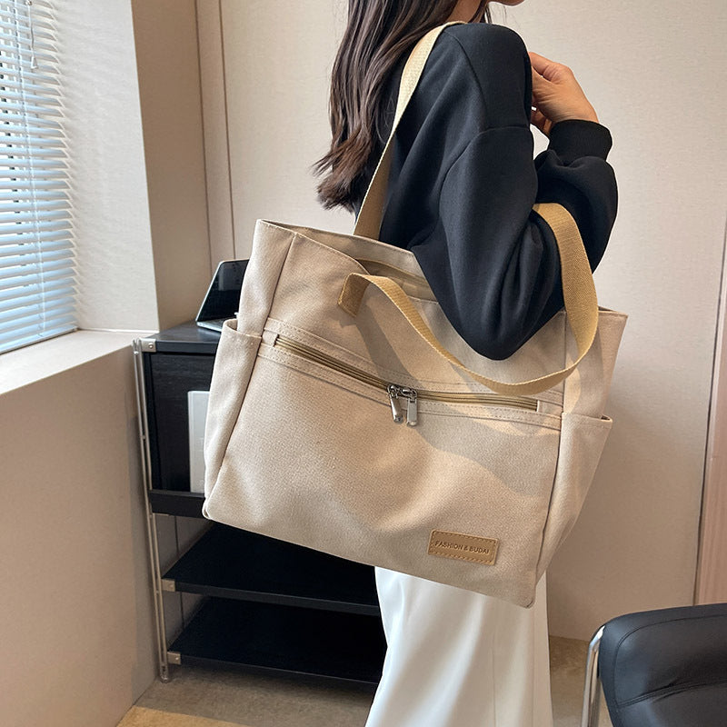 Women’s Canvas Shoulder Tote Bag – Large Casual Handbag with Contrast Stitching, Daily Travel and Work Bag