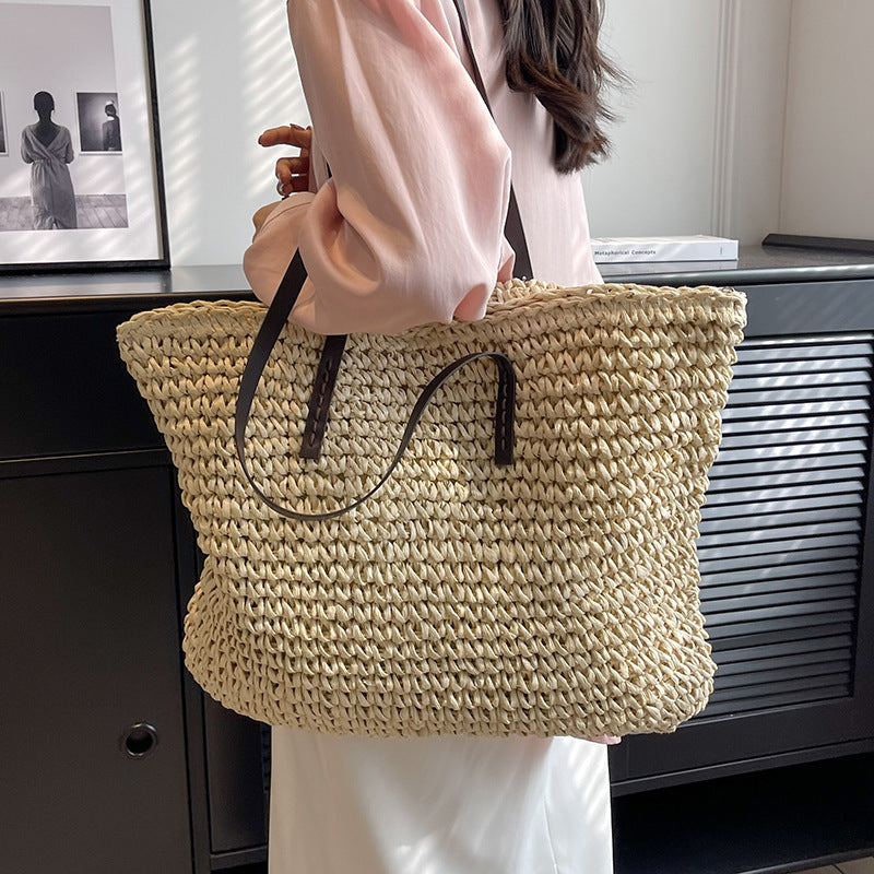 Women’s Summer Woven Shoulder Bag – Large Capacity Beach Tote Handbag with Zipper, Fashion Casual Straw Style