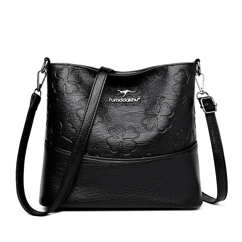 Soft Leather Bucket Bag for Women – Embossed Floral Large Capacity PU Shoulder Handbag