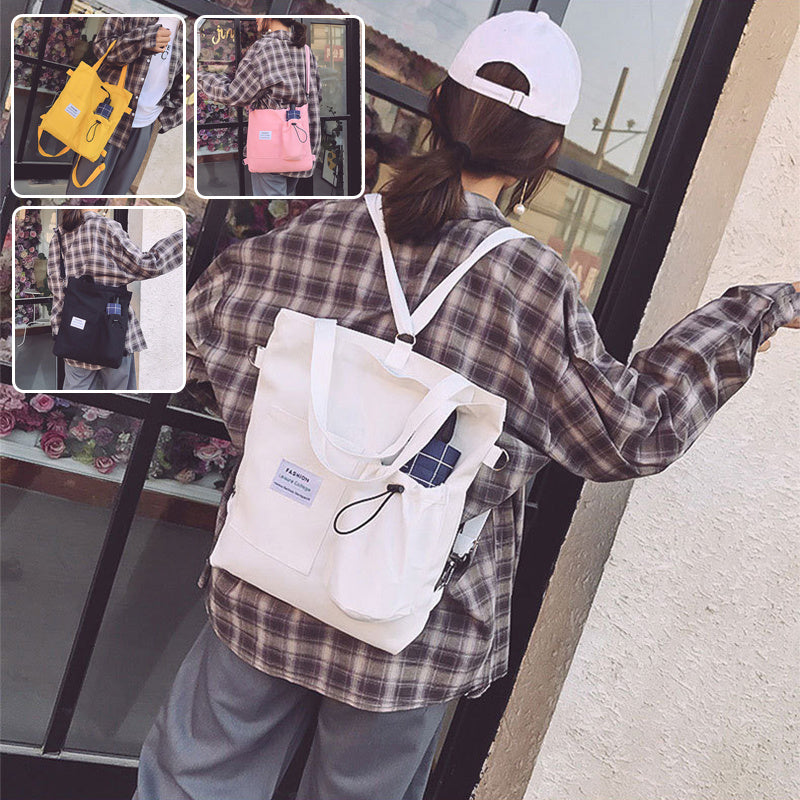 Harajuku Canvas Backpack for Women – Korean Style Tote Shoulder Bag with Pockets, Preppy Student Schoolbag