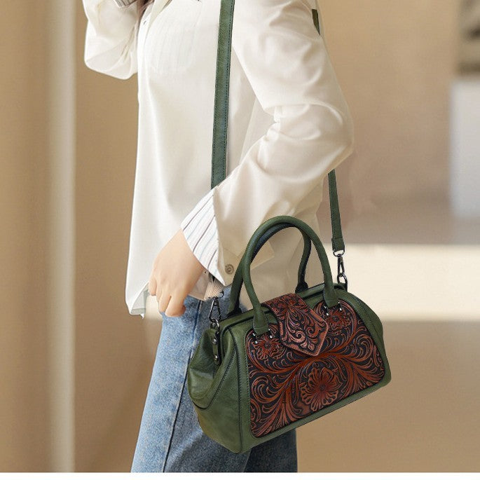 Handmade Carved One-Shoulder Women's Leather Bag – Retro PU Pillow Shape Shoulder Handbag