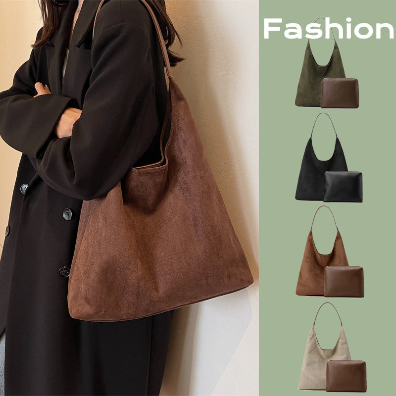 Women’s One-Shoulder Underarm Bag – Large Capacity Suede Tote, Simple Solid Color Casual Commuter Handbag