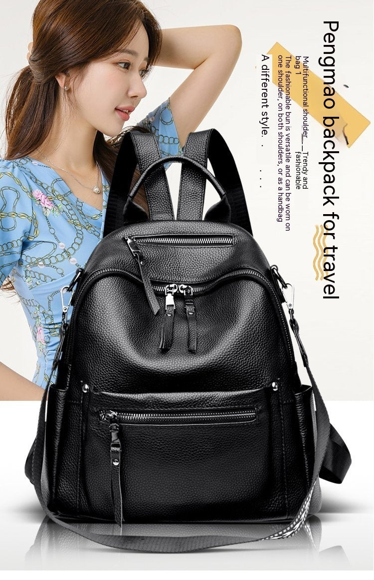 Women’s Genuine Cowhide Leather Backpack – Large Capacity Travel Schoolbag with Rivets, Stylish College Design