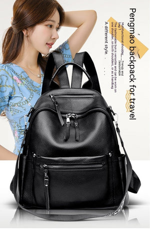 Women’s Genuine Cowhide Leather Backpack – Large Capacity Travel Schoolbag with Rivets, Stylish College Design