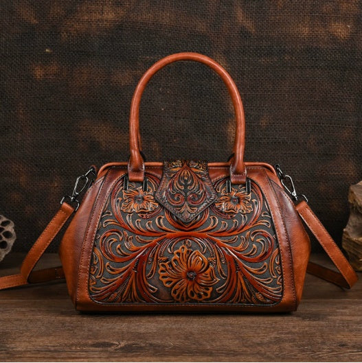 Handmade Carved One-Shoulder Women's Leather Bag – Retro PU Pillow Shape Shoulder Handbag