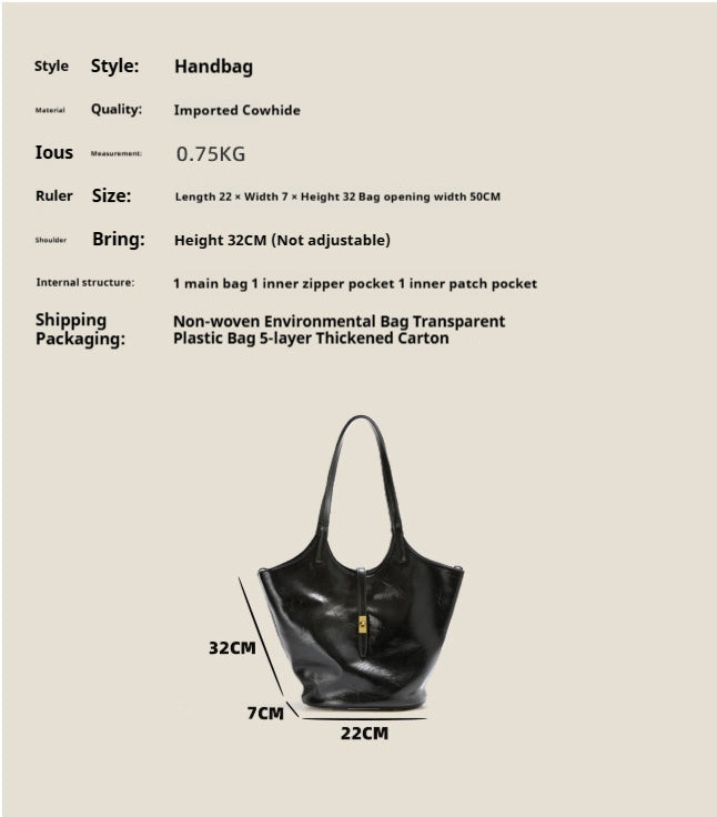 Niche Premium Black Leather Bucket Bag – Large Capacity Genuine Cowhide Shoulder Handbag for Women