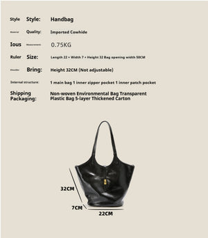 Niche Premium Black Leather Bucket Bag – Large Capacity Genuine Cowhide Shoulder Handbag for Women