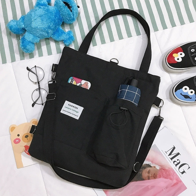 Harajuku Canvas Backpack for Women – Korean Style Tote Shoulder Bag with Pockets, Preppy Student Schoolbag