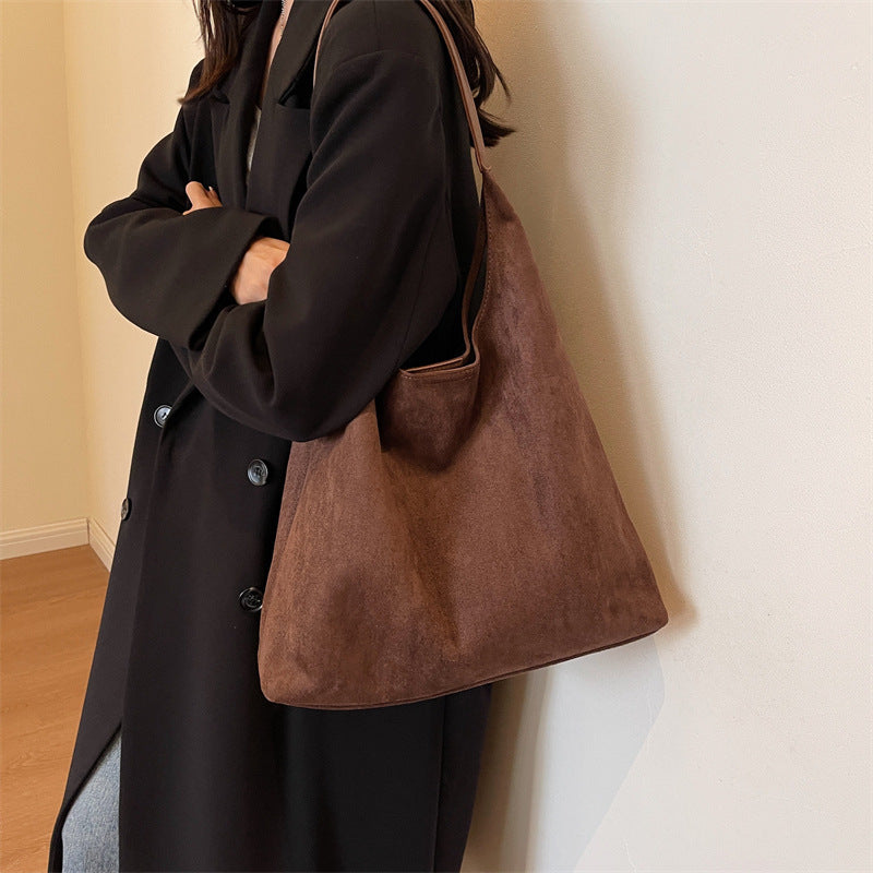 Women’s One-Shoulder Underarm Bag – Large Capacity Suede Tote, Simple Solid Color Casual Commuter Handbag