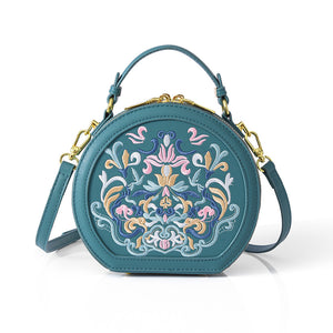 Literary National Style Round Crossbody Shoulder Bag for Women – Embroidered PU Leather, Small & Stylish