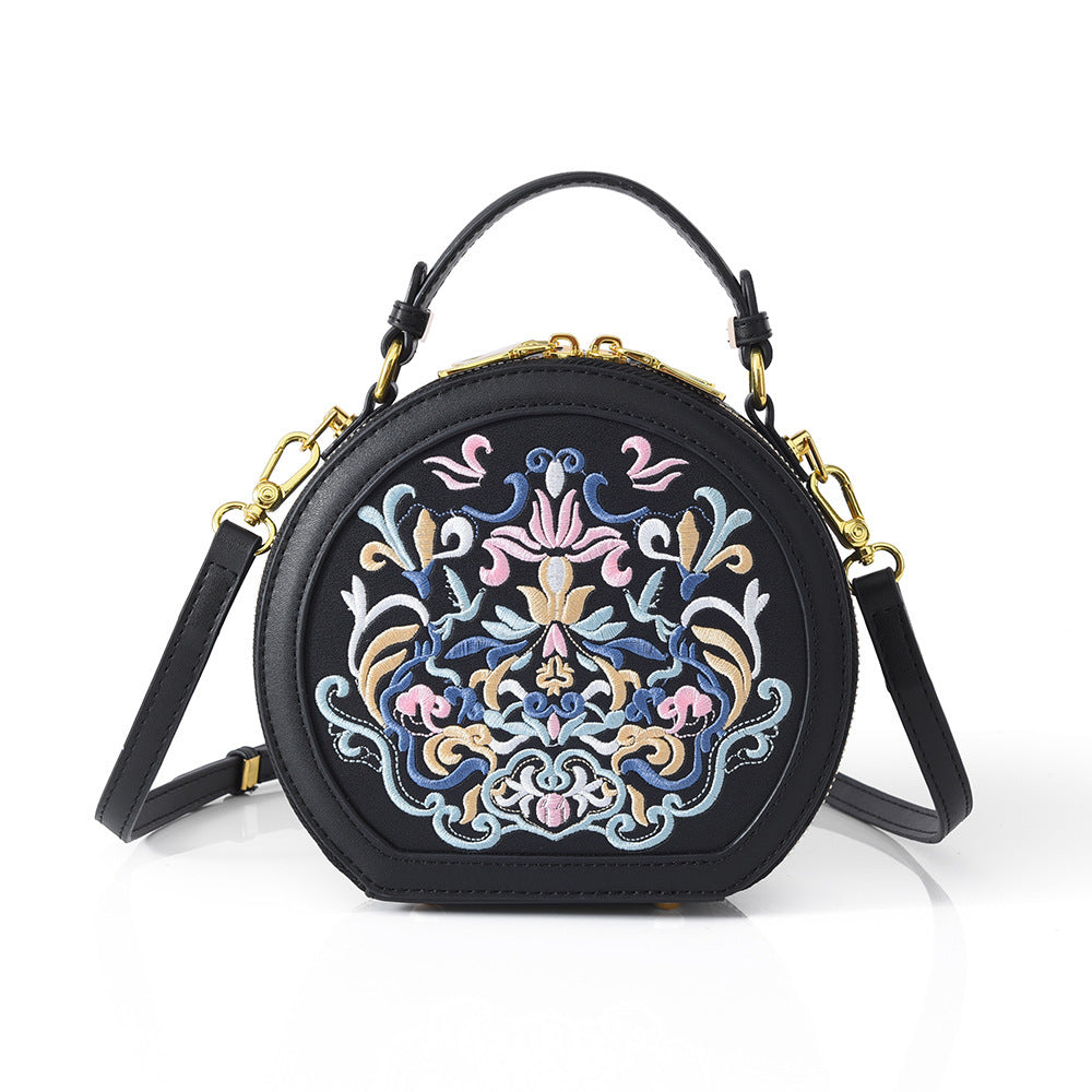Literary National Style Round Crossbody Shoulder Bag for Women – Embroidered PU Leather, Small & Stylish