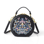 Literary National Style Round Crossbody Shoulder Bag for Women – Embroidered PU Leather, Small & Stylish