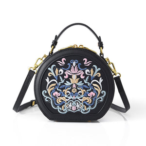 Literary National Style Round Crossbody Shoulder Bag for Women – Embroidered PU Leather, Small & Stylish