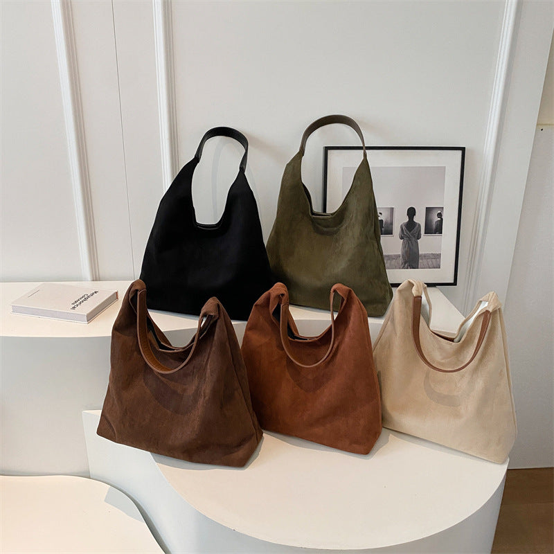 Women’s One-Shoulder Underarm Bag – Large Capacity Suede Tote, Simple Solid Color Casual Commuter Handbag