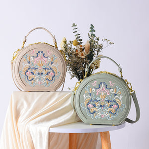 Literary National Style Round Crossbody Shoulder Bag for Women – Embroidered PU Leather, Small & Stylish