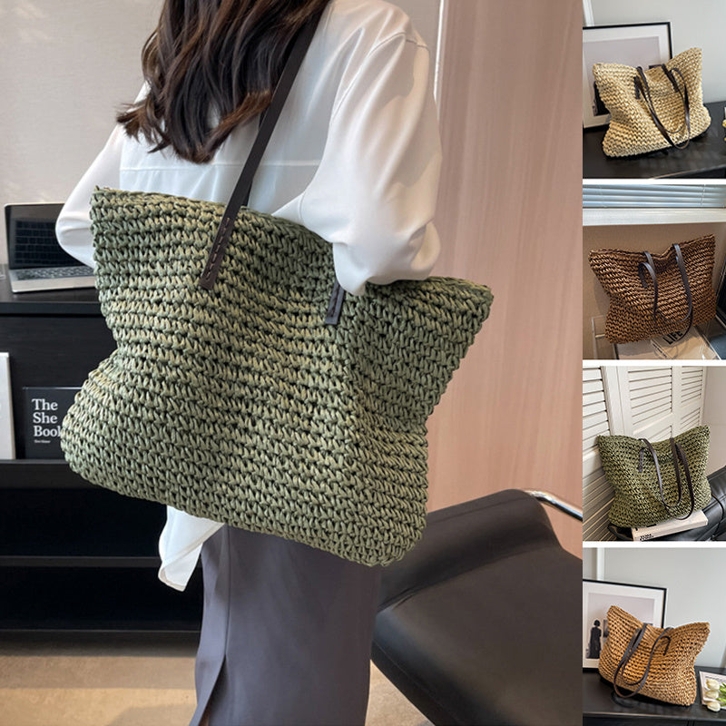 Women’s Summer Woven Shoulder Bag – Large Capacity Beach Tote Handbag with Zipper, Fashion Casual Straw Style