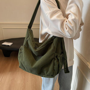 Corduroy Tote Women’s Large Capacity Bag – Simple Soft Shoulder Messenger Bag for Daily Use