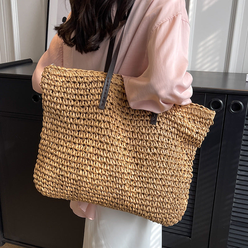Women’s Summer Woven Shoulder Bag – Large Capacity Beach Tote Handbag with Zipper, Fashion Casual Straw Style