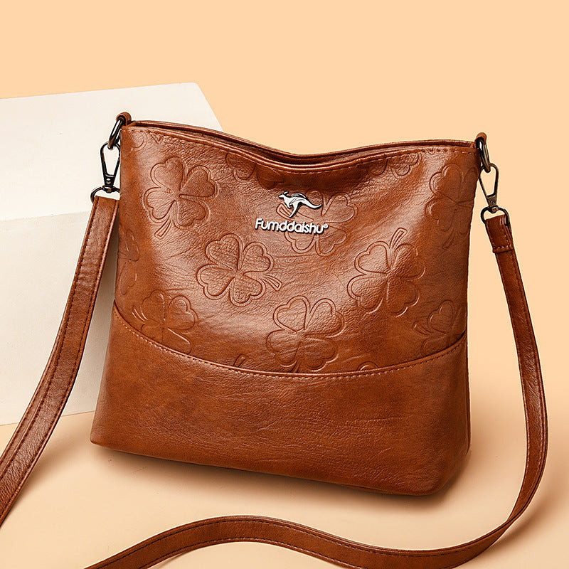 Soft Leather Bucket Bag for Women – Embossed Floral Large Capacity PU Shoulder Handbag