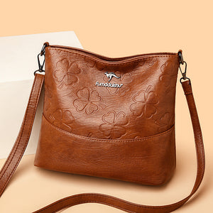 Soft Leather Bucket Bag for Women – Embossed Floral Large Capacity PU Shoulder Handbag
