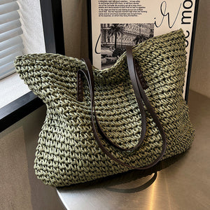 Women’s Summer Woven Shoulder Bag – Large Capacity Beach Tote Handbag with Zipper, Fashion Casual Straw Style