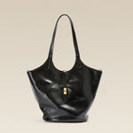 Niche Premium Black Leather Bucket Bag – Large Capacity Genuine Cowhide Shoulder Handbag for Women