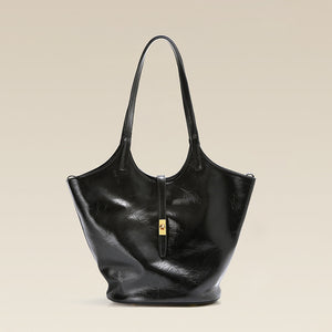 Niche Premium Black Leather Bucket Bag – Large Capacity Genuine Cowhide Shoulder Handbag for Women