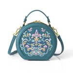 Literary National Style Round Crossbody Shoulder Bag for Women – Embroidered PU Leather, Small & Stylish