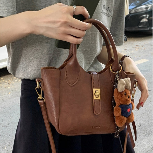 Women’s Fashion Korean Small Tote Bag – Simple PU Leather Bucket Handbag for Daily Use