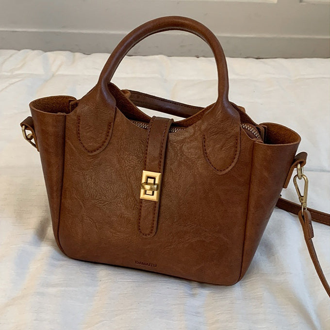 Women’s Fashion Korean Small Tote Bag – Simple PU Leather Bucket Handbag for Daily Use