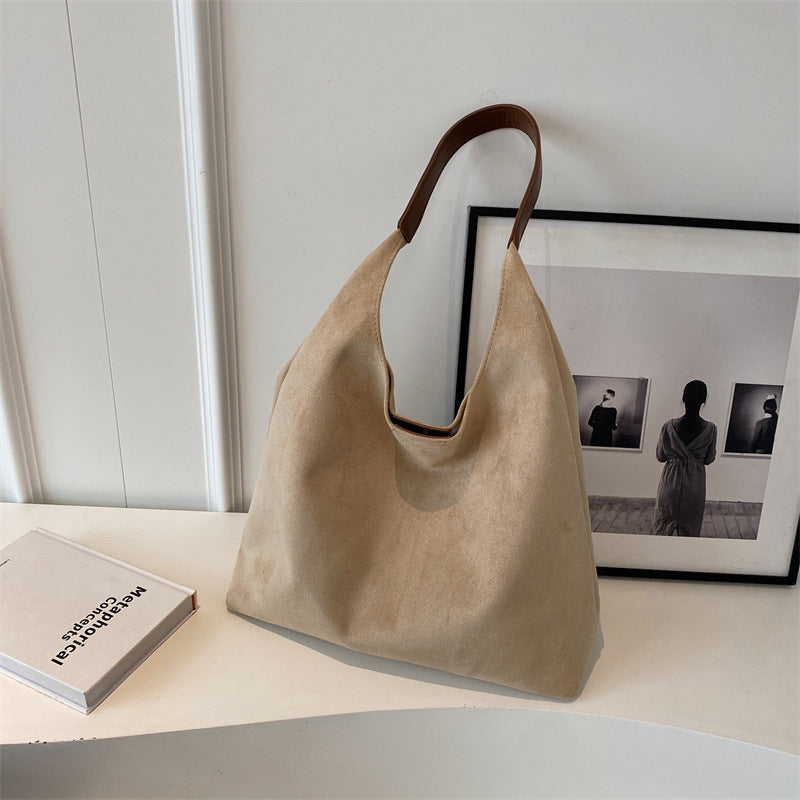 Women’s One-Shoulder Underarm Bag – Large Capacity Suede Tote, Simple Solid Color Casual Commuter Handbag