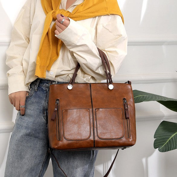Women’s Large-Capacity Retro Tote Bag – Simple PU Crossbody Handbag for Work, Travel, and Daily Use