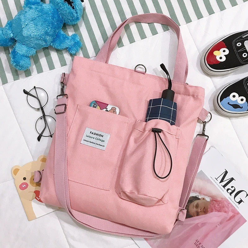 Harajuku Canvas Backpack for Women – Korean Style Tote Shoulder Bag with Pockets, Preppy Student Schoolbag