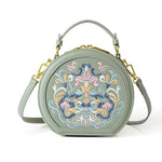 Literary National Style Round Crossbody Shoulder Bag for Women – Embroidered PU Leather, Small & Stylish