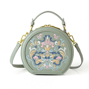 Literary National Style Round Crossbody Shoulder Bag for Women – Embroidered PU Leather, Small & Stylish