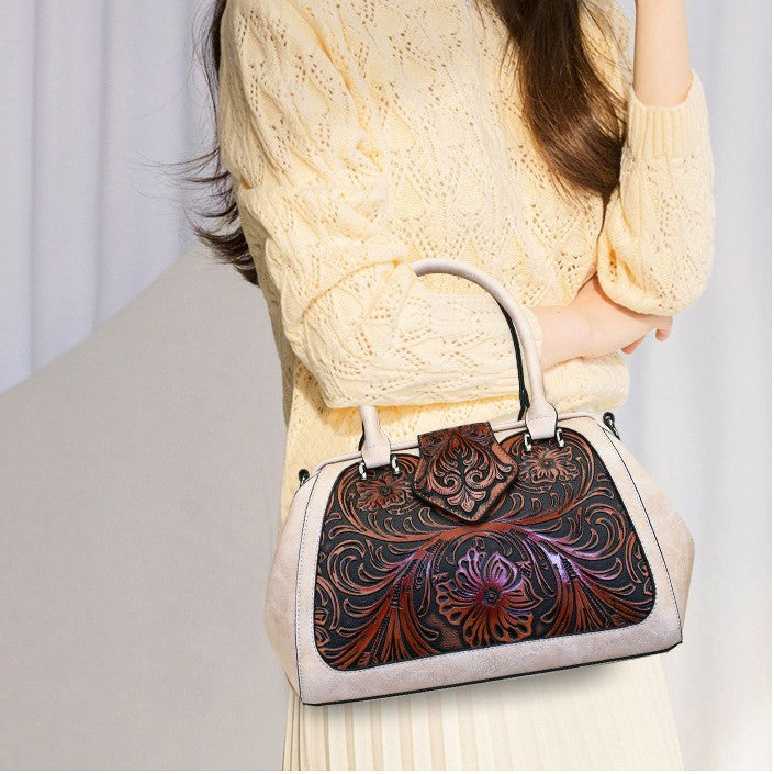 Handmade Carved One-Shoulder Women's Leather Bag – Retro PU Pillow Shape Shoulder Handbag