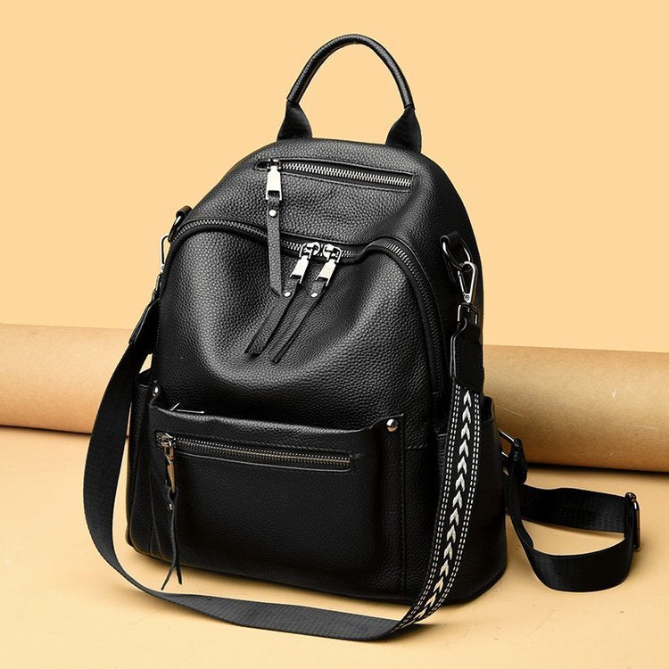 Women’s Genuine Cowhide Leather Backpack – Large Capacity Travel Schoolbag with Rivets, Stylish College Design