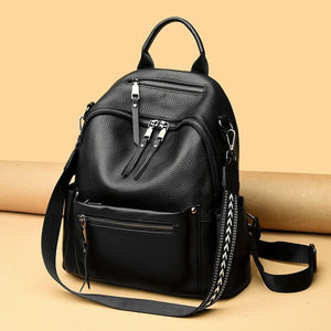 Women’s Genuine Cowhide Leather Backpack – Large Capacity Travel Schoolbag with Rivets, Stylish College Design