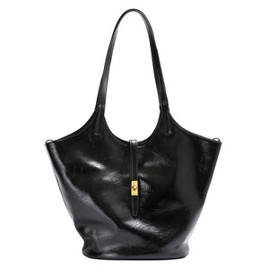 Niche Premium Black Leather Bucket Bag – Large Capacity Genuine Cowhide Shoulder Handbag for Women
