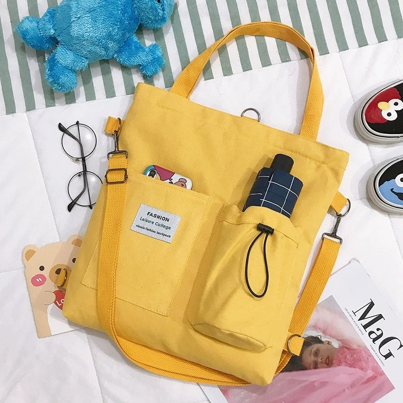 Harajuku Canvas Backpack for Women – Korean Style Tote Shoulder Bag with Pockets, Preppy Student Schoolbag