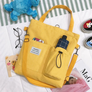 Harajuku Canvas Backpack for Women – Korean Style Tote Shoulder Bag with Pockets, Preppy Student Schoolbag