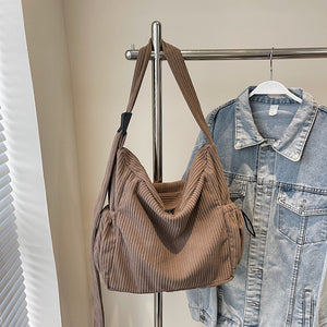 Corduroy Tote Women’s Large Capacity Bag – Simple Soft Shoulder Messenger Bag for Daily Use