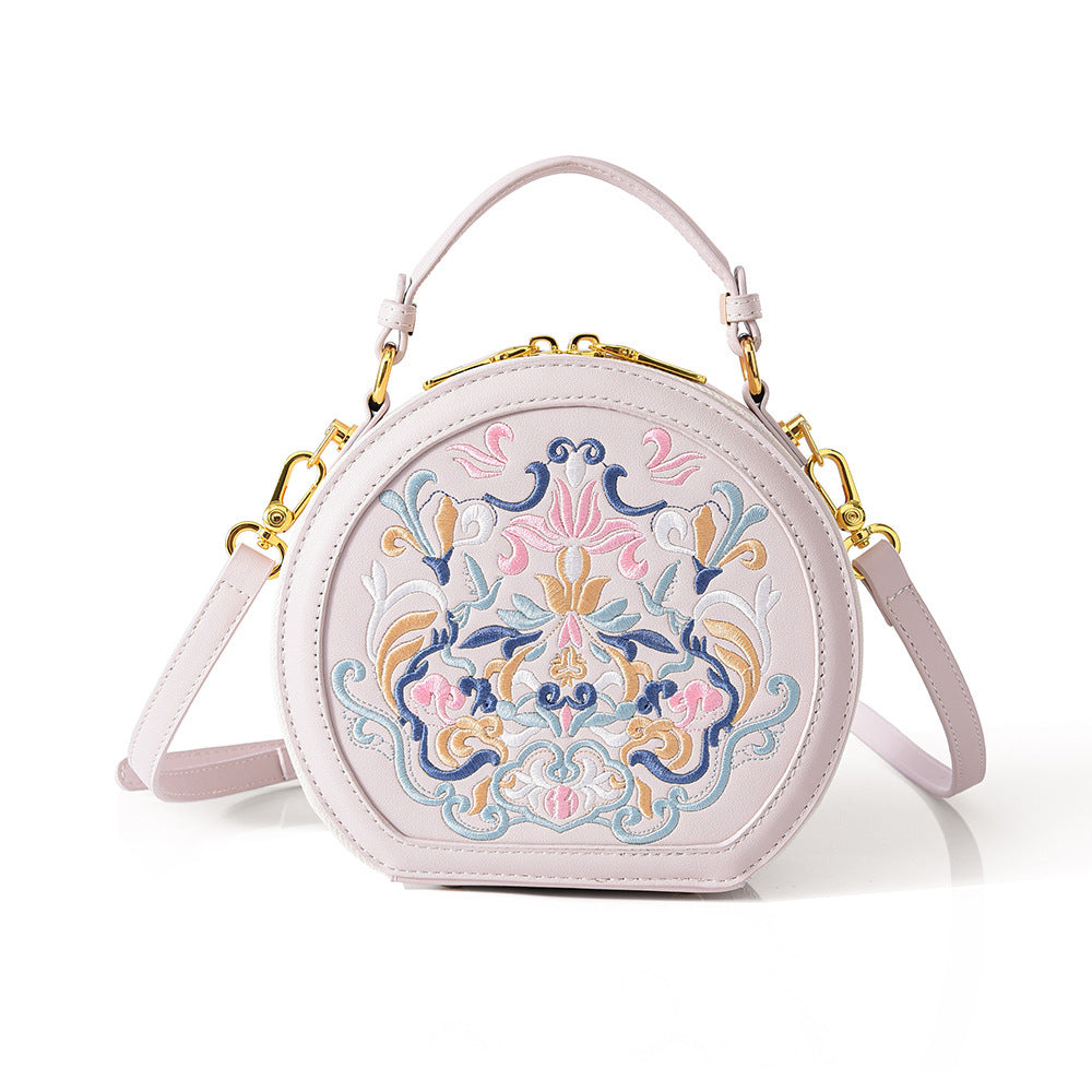 Literary National Style Round Crossbody Shoulder Bag for Women – Embroidered PU Leather, Small & Stylish