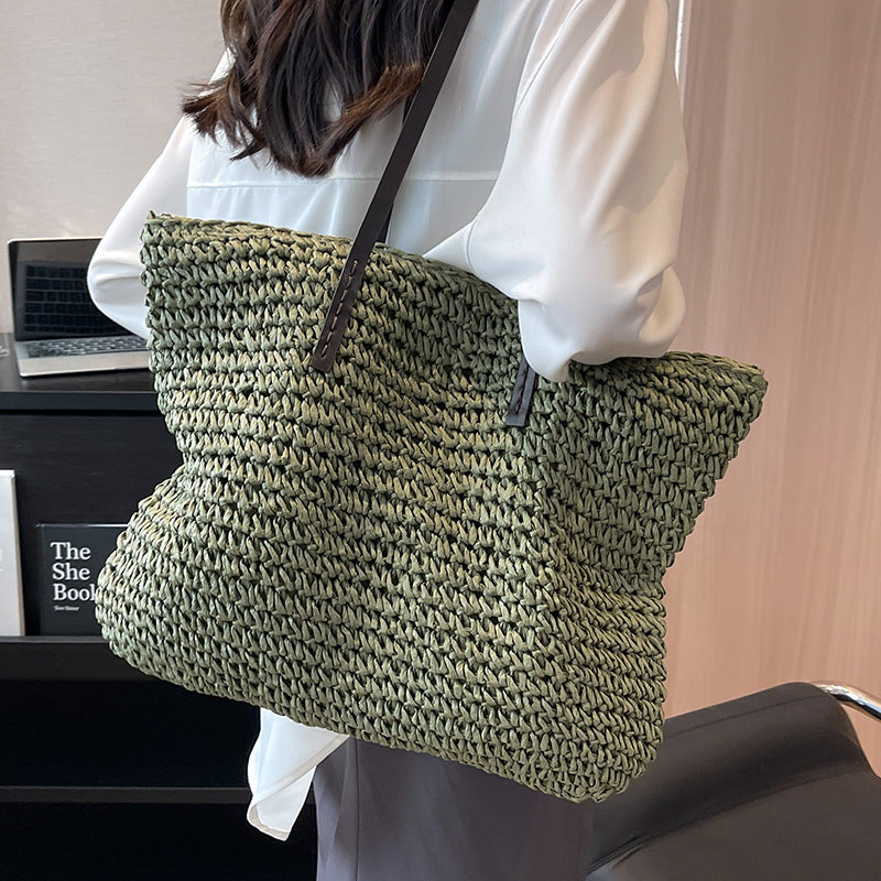 Women’s Summer Woven Shoulder Bag – Large Capacity Beach Tote Handbag with Zipper, Fashion Casual Straw Style