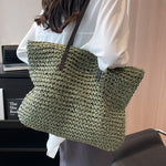 Women’s Summer Woven Shoulder Bag – Large Capacity Beach Tote Handbag with Zipper, Fashion Casual Straw Style